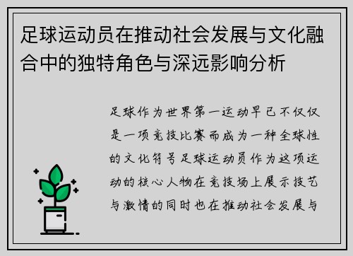 足球运动员在推动社会发展与文化融合中的独特角色与深远影响分析
